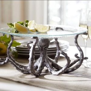 Pottery Barn Rustic Silver Metal Octopus Handblown Serving Pedestal 🐙PLEASE READ